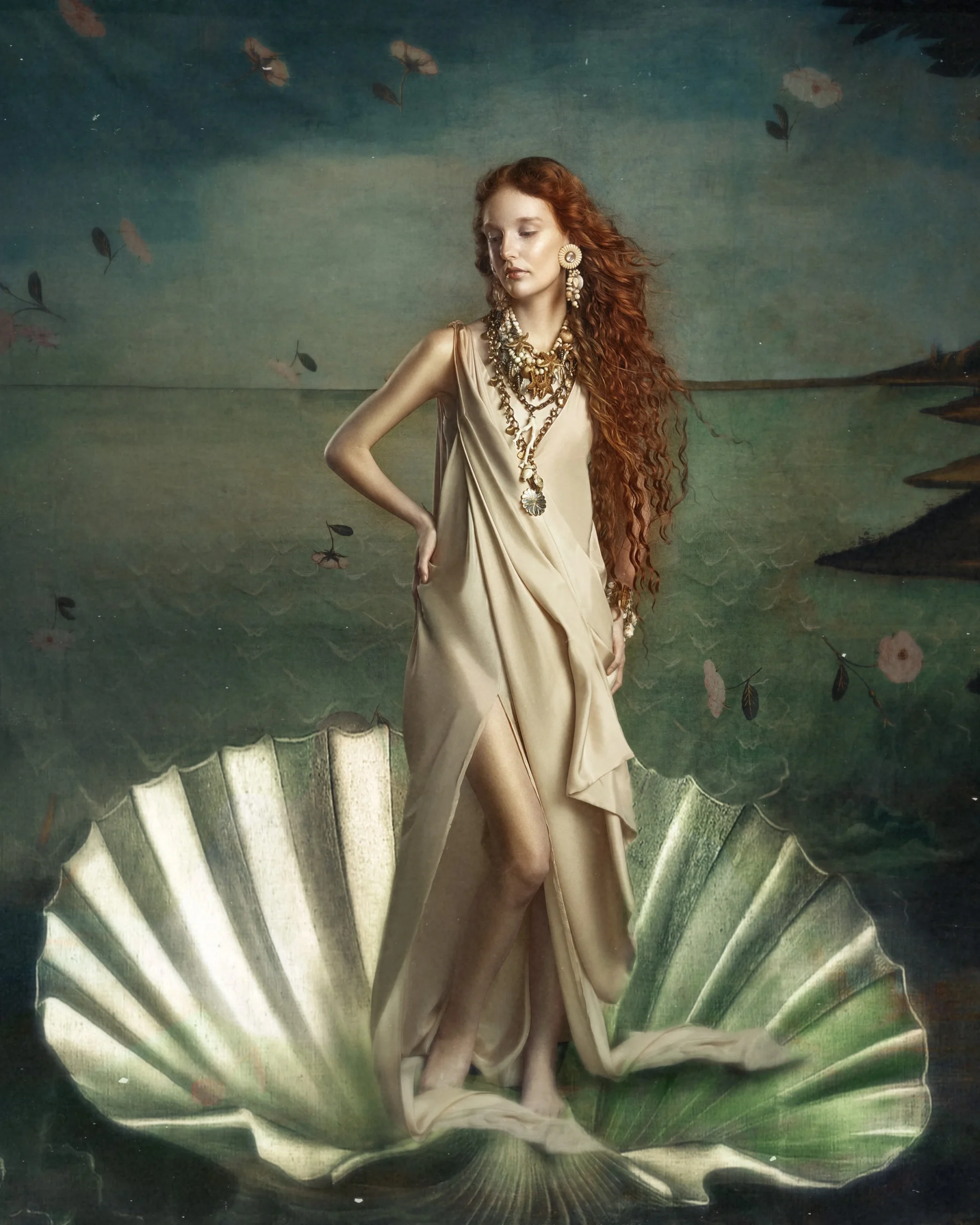 Painterly fine art portrait inspired by the Birth of Venus, printed as wall art