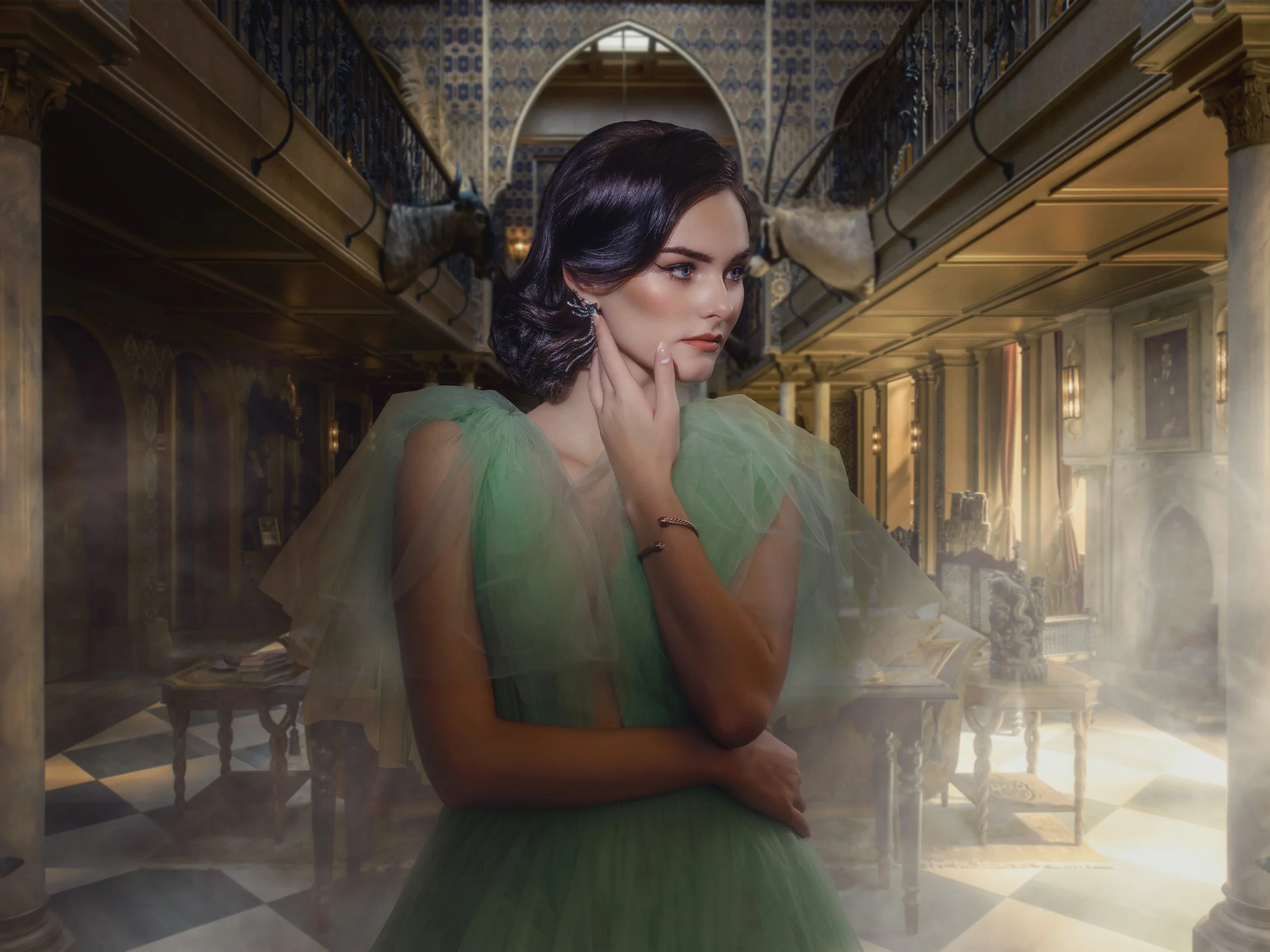 Vintage-styled portrait of a woman in a mint tulle gown inside an ornate grand hall