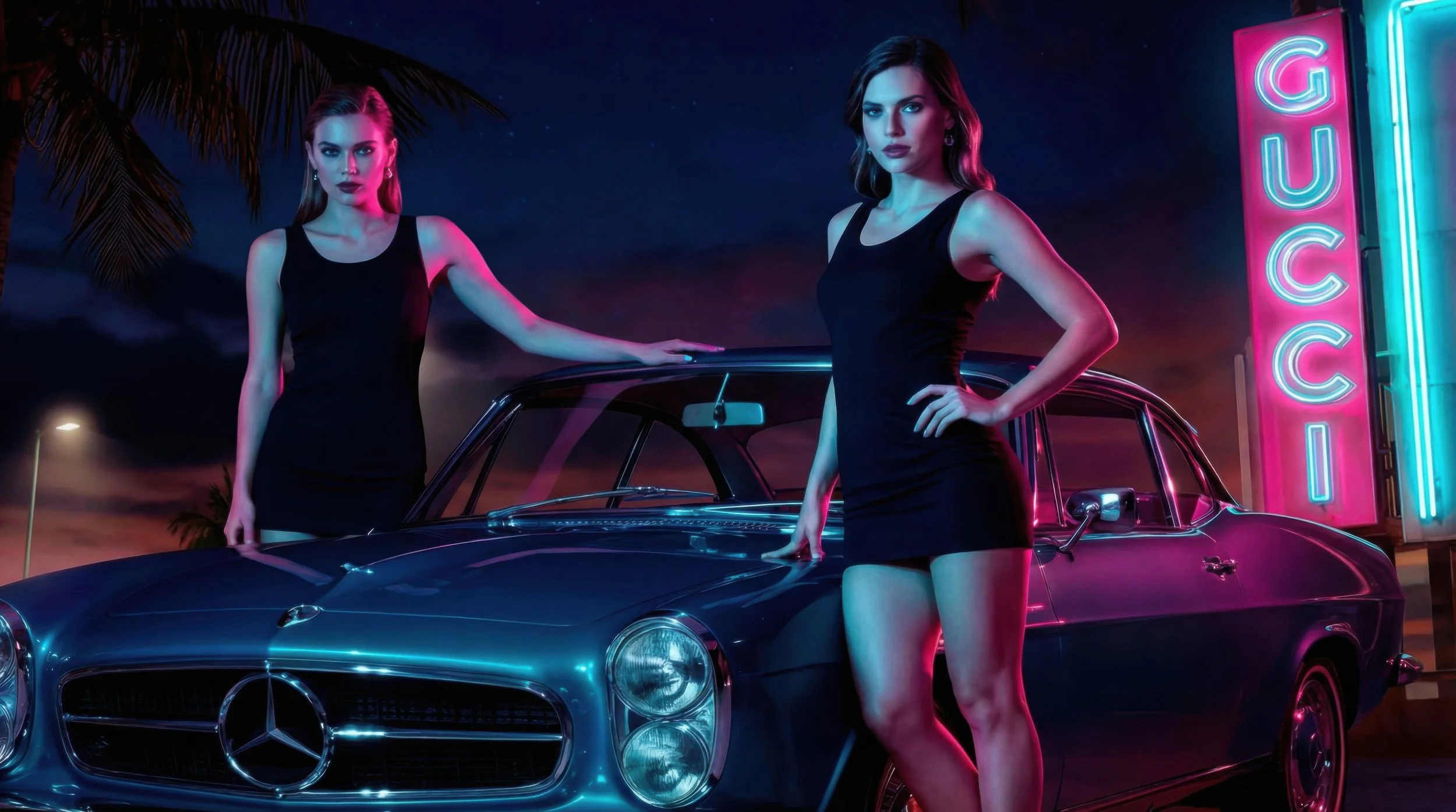 Fashion campaign image of two models with a vintage convertible under neon signage